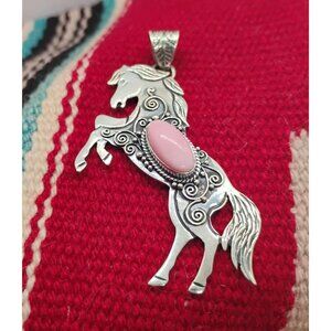 Sterling Silver Pink Conch Shell Rearing Galloping Horse Pendant Cowgirl